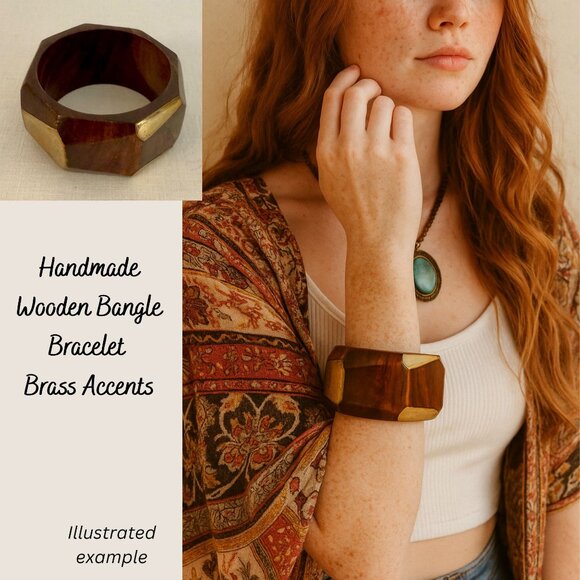 Handmade Wooden Bangle Bracelet Brass Accent Faceted Chunky Boho Indie Jewelry - Picture 1 of 9